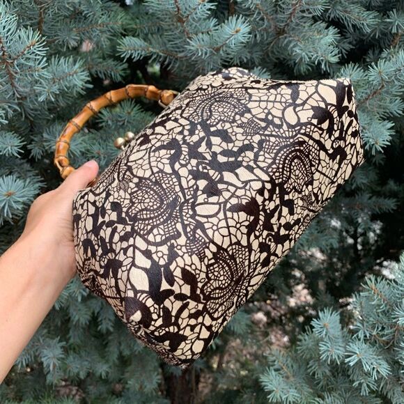 Handmade Real hair-on-horsehide Black Lace Printed Metal Frame Bamboo Handle Bag - Picture 11 of 16